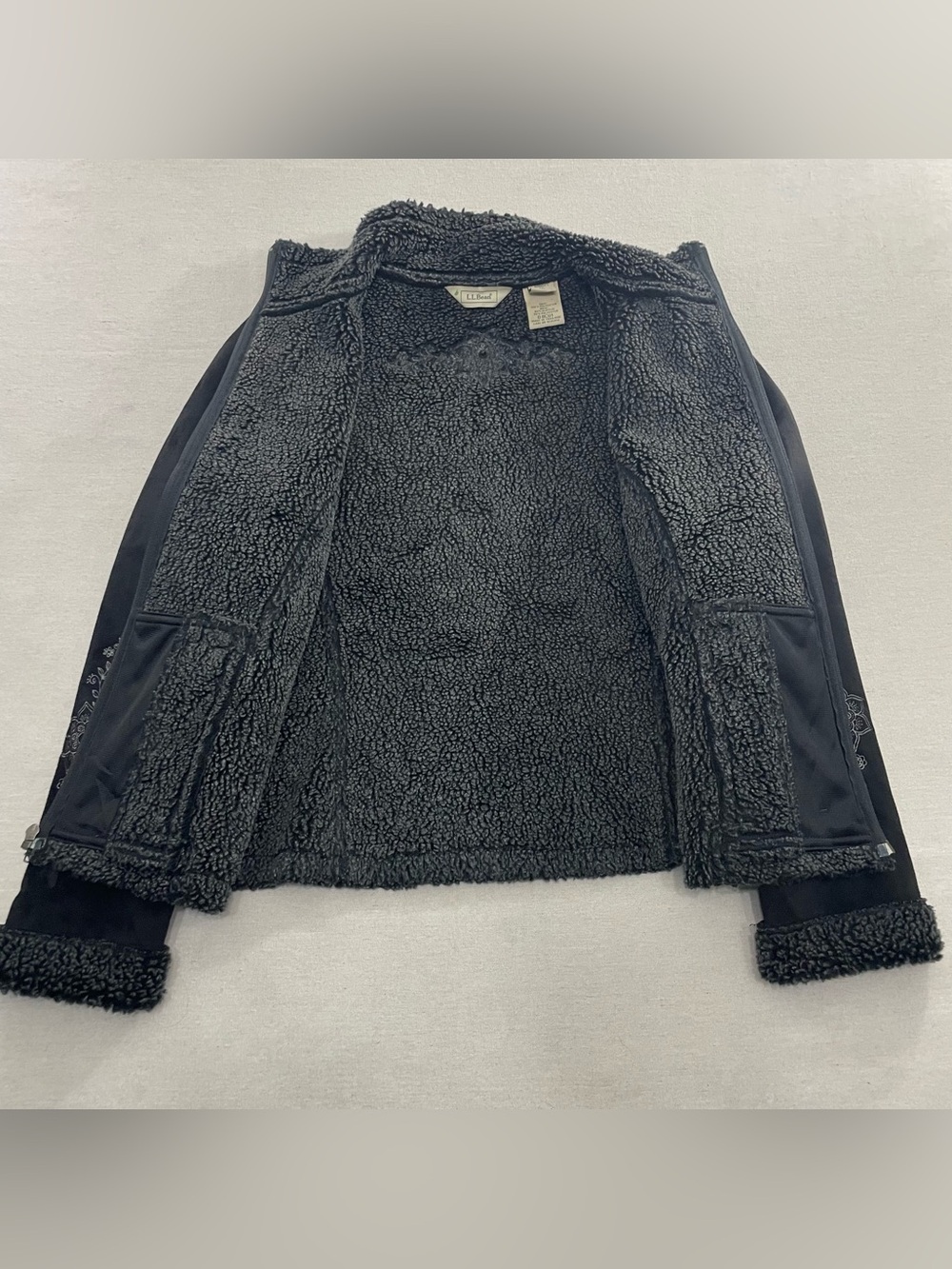 LL Bean Black Embroidered Micro Fleece Lined Winter Jacket Coat Women's M Floral - Picture 5 of 6